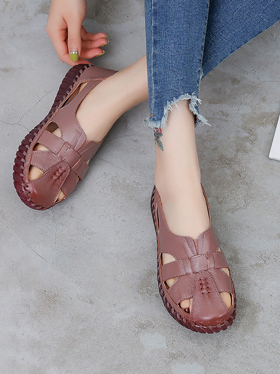 Women Summer Leather Spliced Flat Sandals