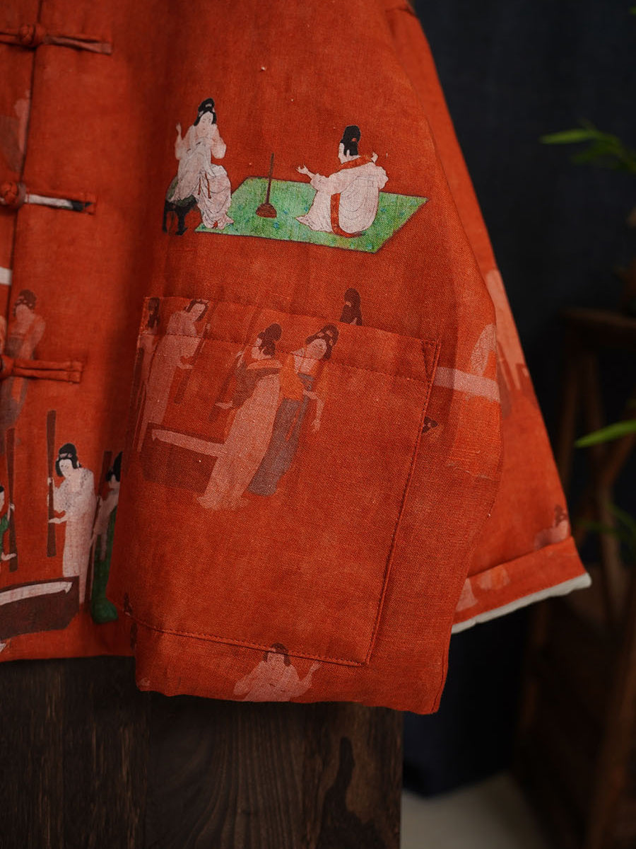 Women Ethnic Print Winter Linen Padded Coat