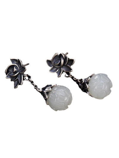 Women Vintage Allot Lotus Jade Earrings