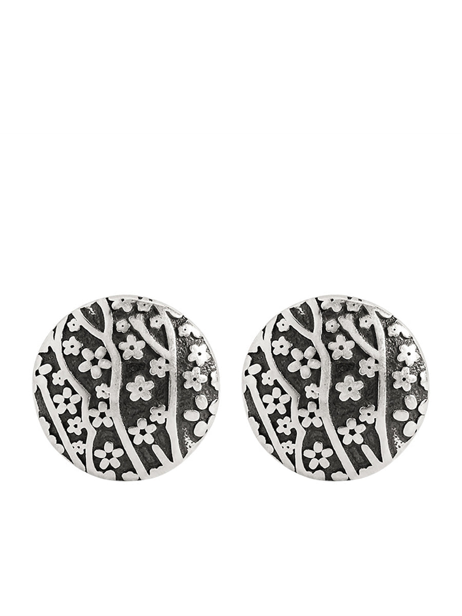 Women Vintage Silver Flower Carve Round Earrings