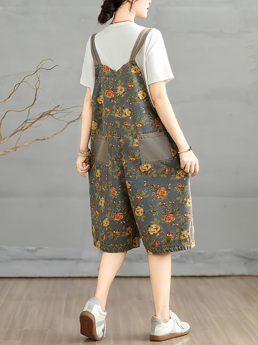 Women Summer Artsy Flower Denim Short Jumpsuits