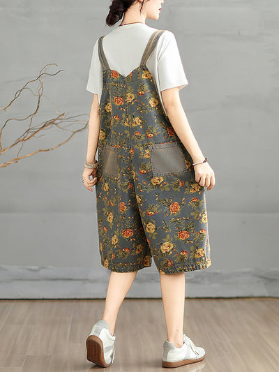 Women Summer Artsy Flower Denim Short Jumpsuits