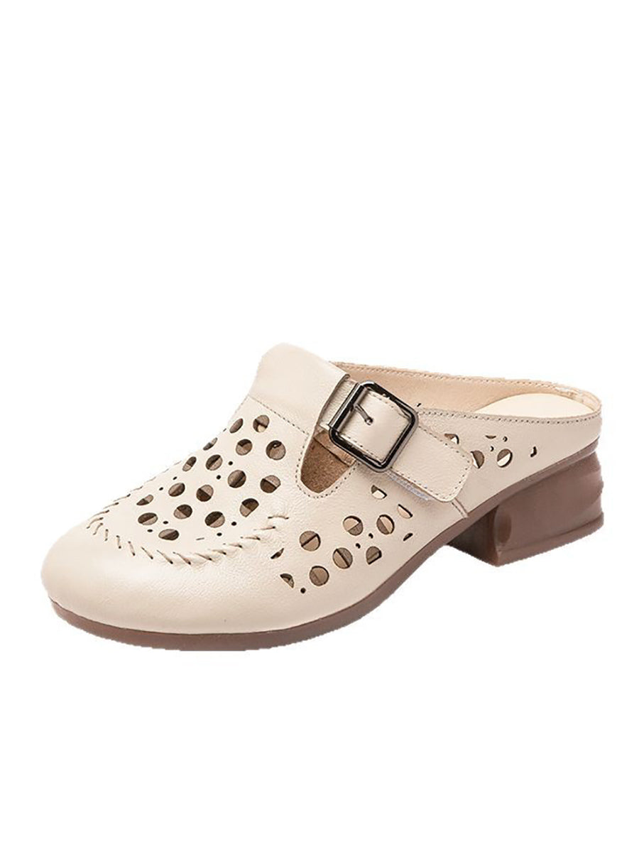 Women Casual Genuine Leather Hollow Out Mid Heel Sandals