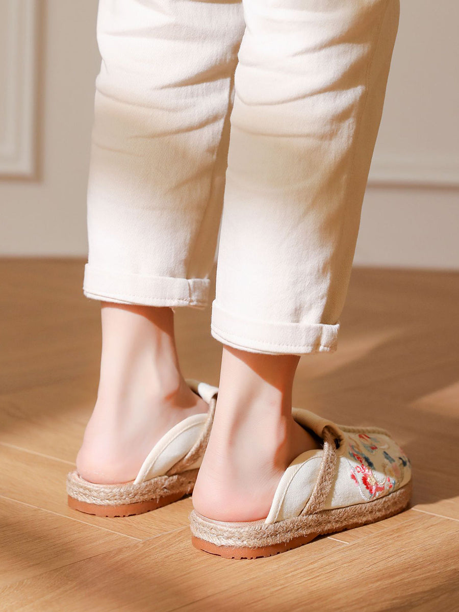 Women Ethnic Summer Butterfly Embroidery Linen Slippers