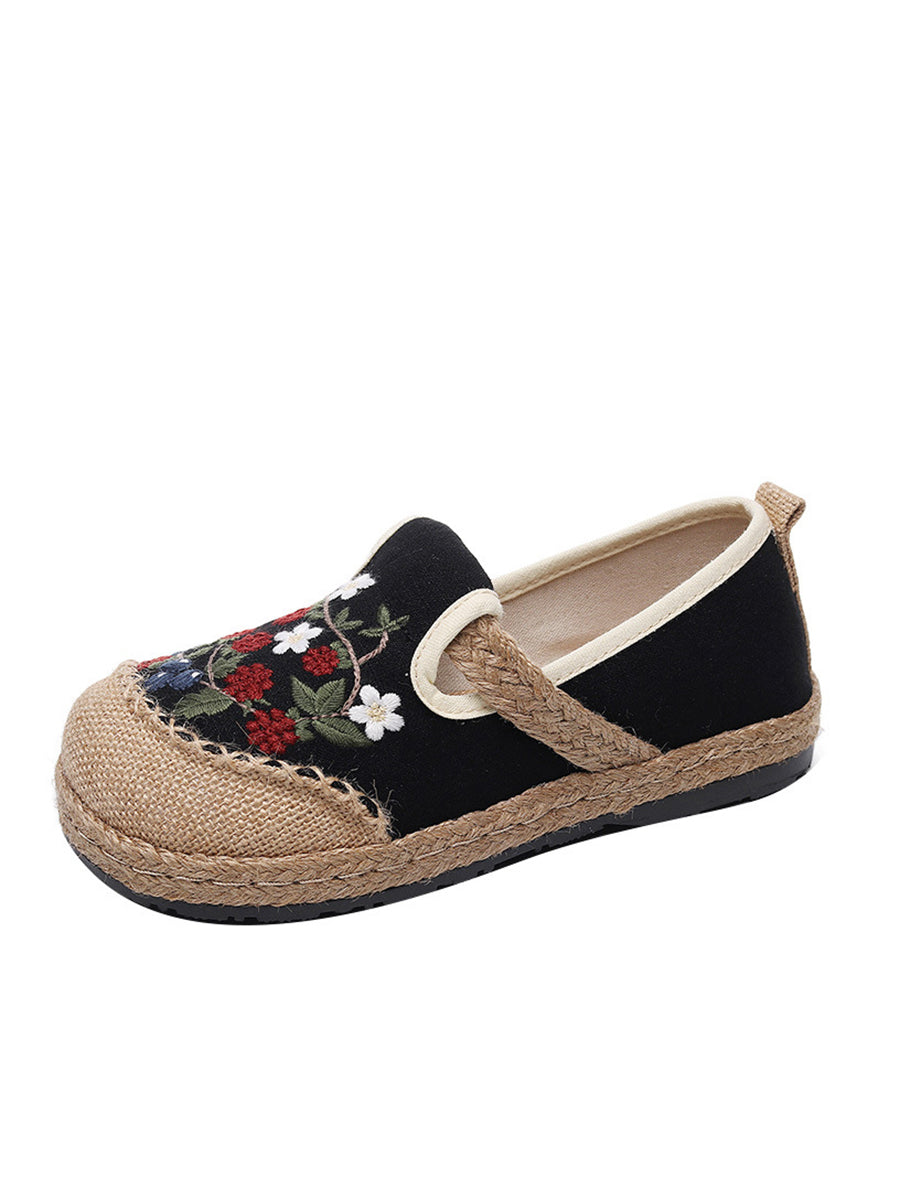 Women Ethnic Flower Embroidery Flat Linen Shoes