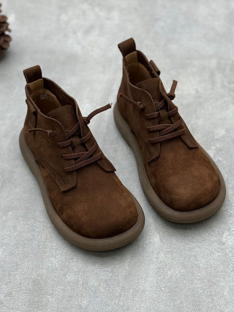 Women Vintage Genuine Leather Strap Low Heel Boots
