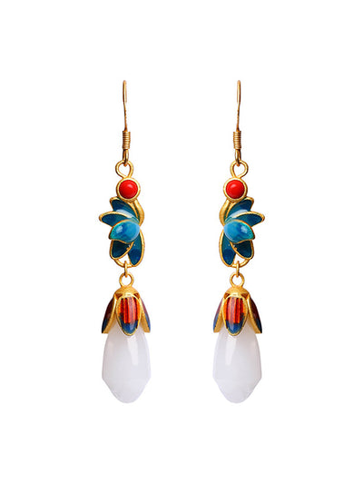 Women Vintage Flower Cloisonne Jade Mangnolia Silver Earrings