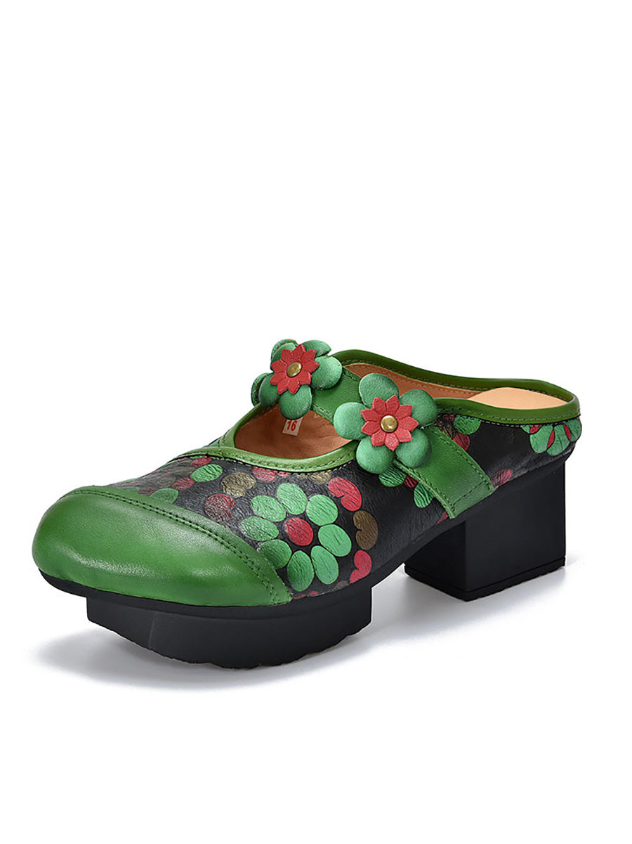 Women Fashion Flower Leather Platform Slippers
