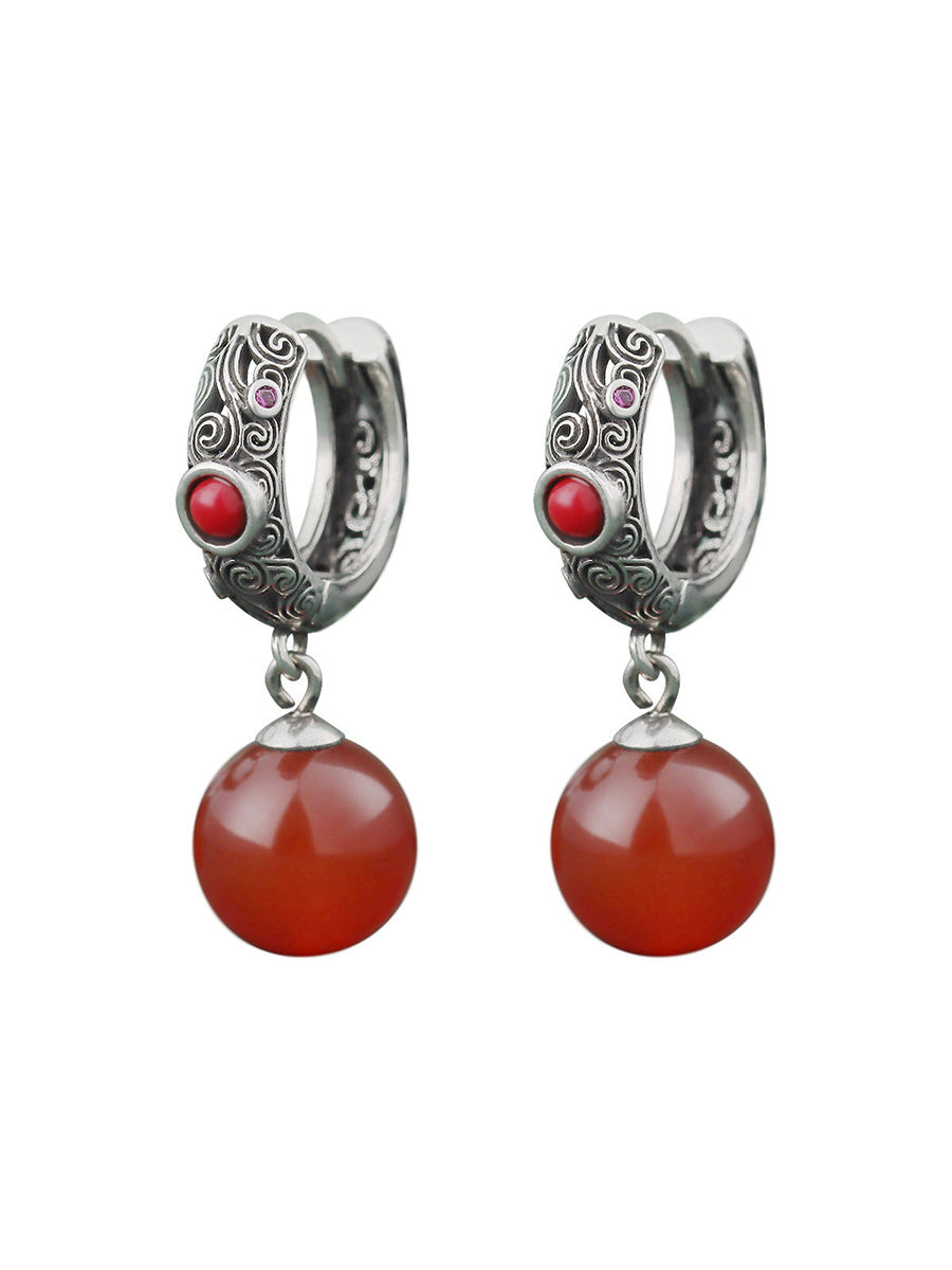 Vintage Red Agate Cooper-plating Silver Earrings