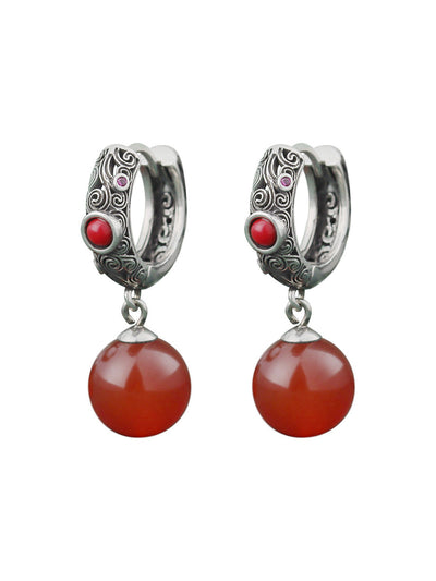 Vintage Red Agate Cooper-plating Silver Earrings