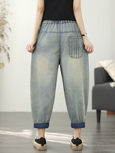 Women Retro Frayed Denim Harem Pants