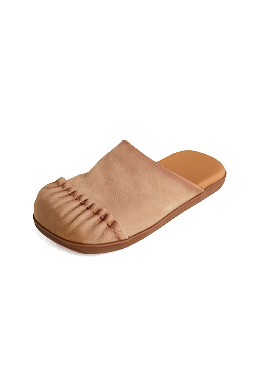 Women Casual Summer Pleated Genuine Leather Slippers