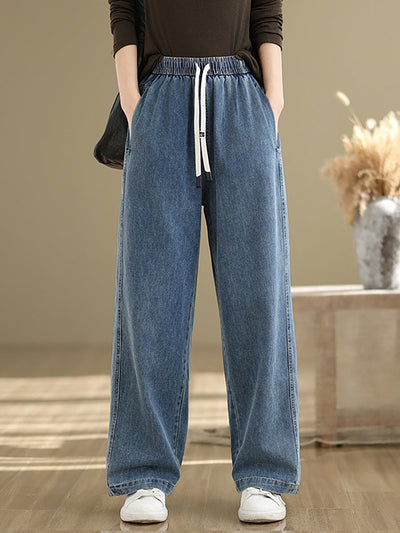 Plus Size Women Spring Casual Pure Color Denim Straight Pants