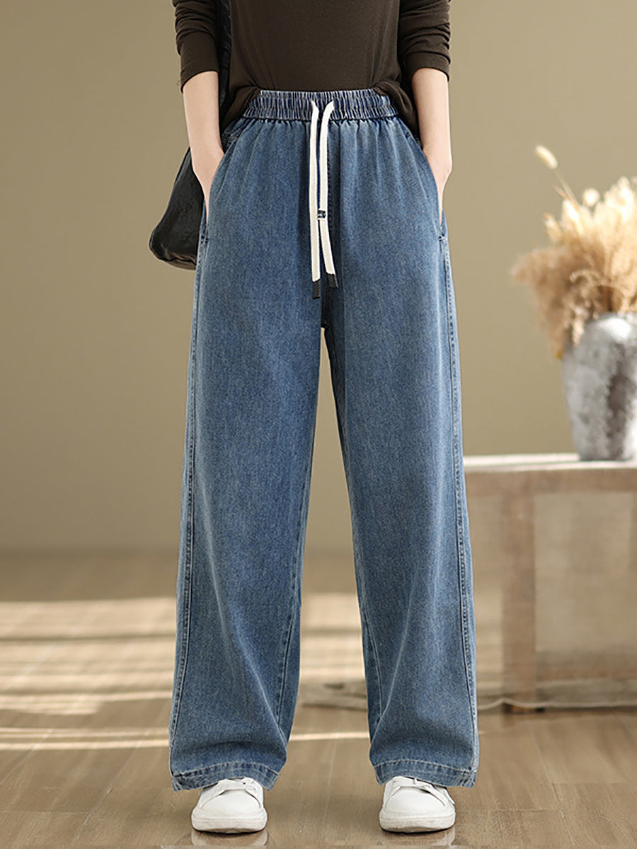 Plus Size Women Spring Casual Pure Color Denim Straight Pants