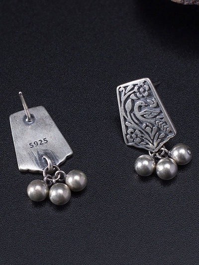 Women Vintage Silver Carve Bead Pendant Earrings