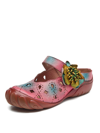 Women Artsy Colorblock Leather Flower Flat Sandals