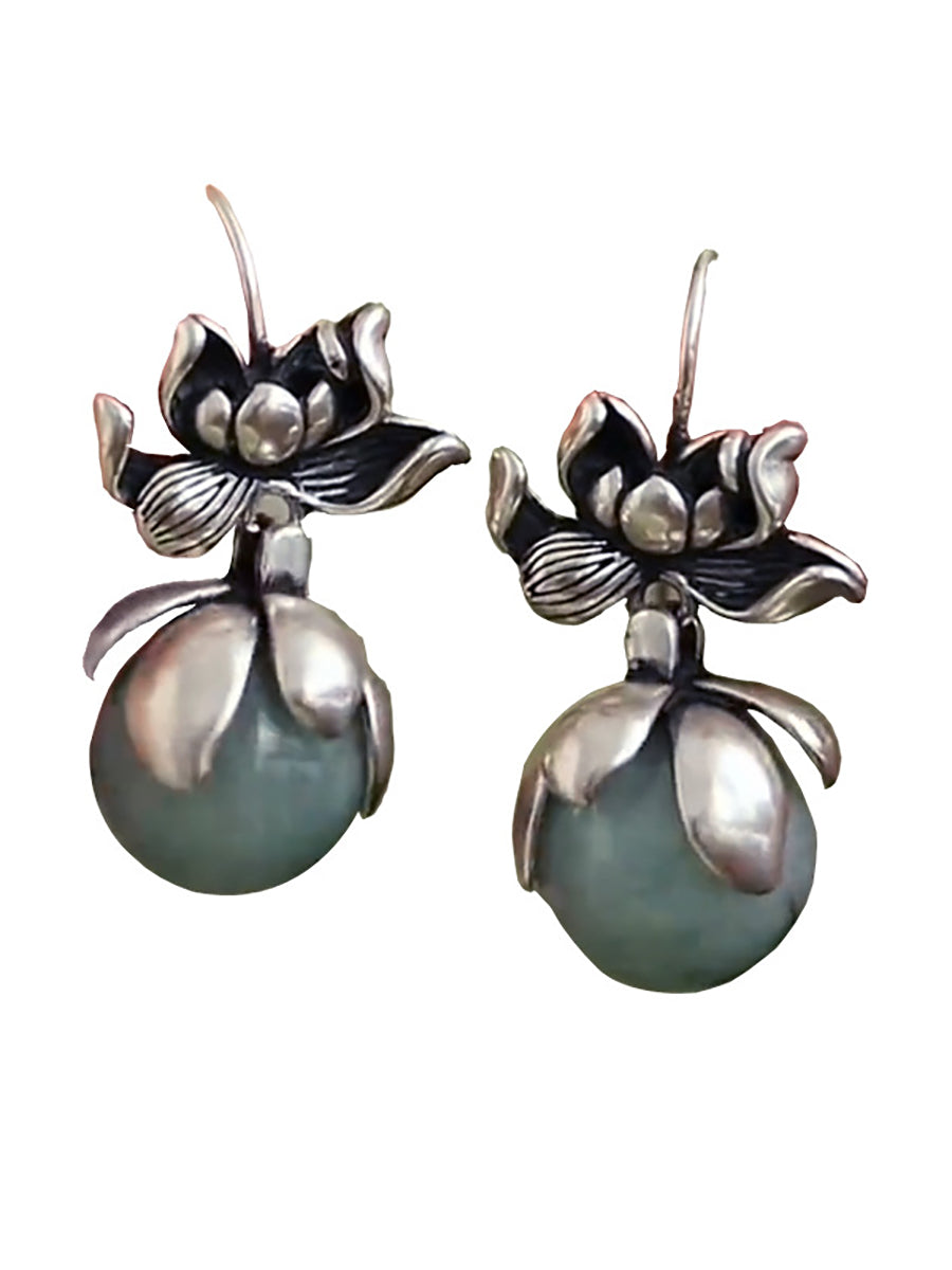 Women Vintage Jade Lotus Alloy Earrings