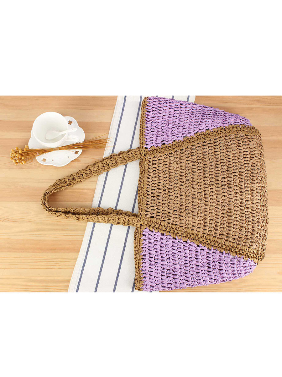 Women Casual Colorblock Straw Weave Shoulder Bag