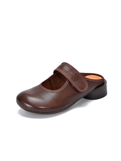 Women Artsy Genuine Leather Mary Jane Low Heel Slippers