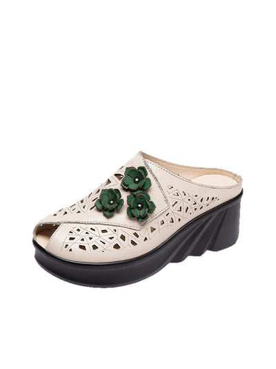 Women Summer Hollow Out Leather Platform Slippers