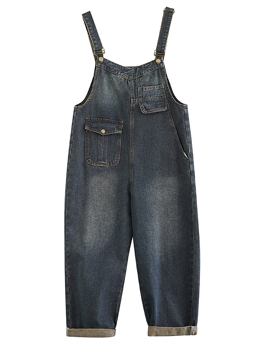 Women Summer Retro Pure Color Denim Long Jumpsuits