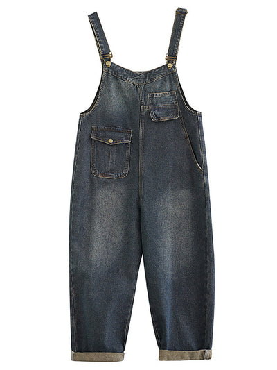 Women Summer Retro Pure Color Denim Long Jumpsuits