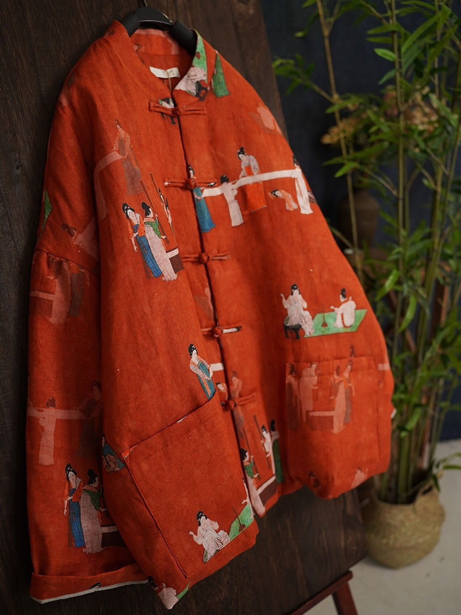 Women Ethnic Print Winter Linen Padded Coat