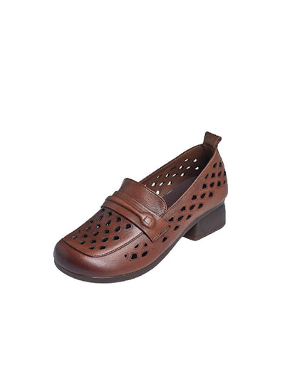 Women Summer Leather Hollow Out Mid Heel Shoes