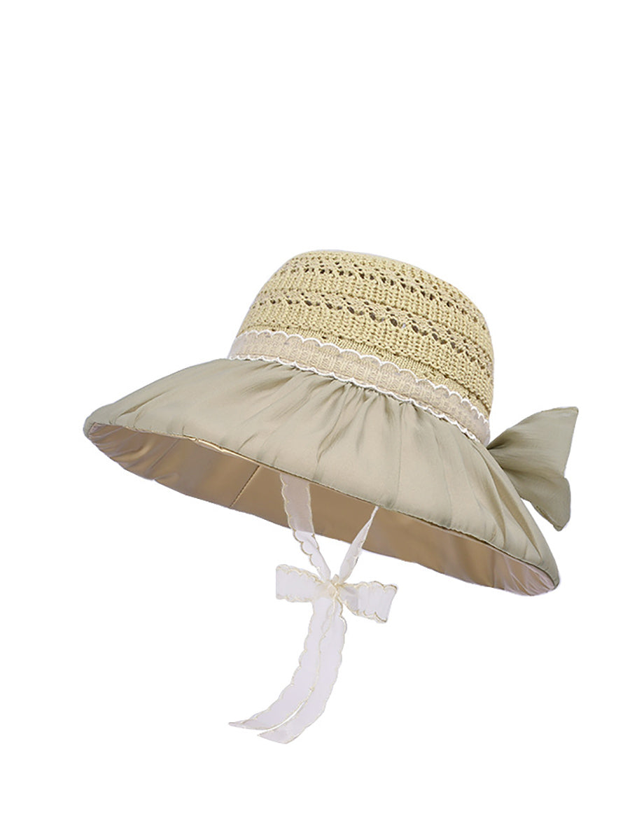 Women Summer Knitted Bowknot Spliced Sunproof Hat