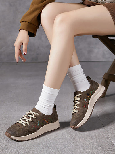 Women Genuine Leather Spliced Platform Sport Shoes