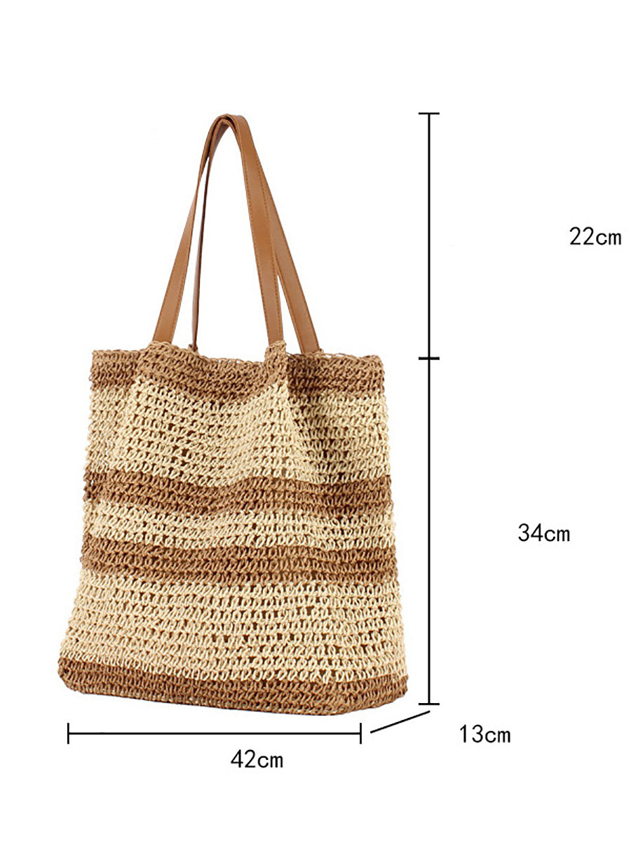 Women Summer Colorblock Straw Weave Shoulder Bag
