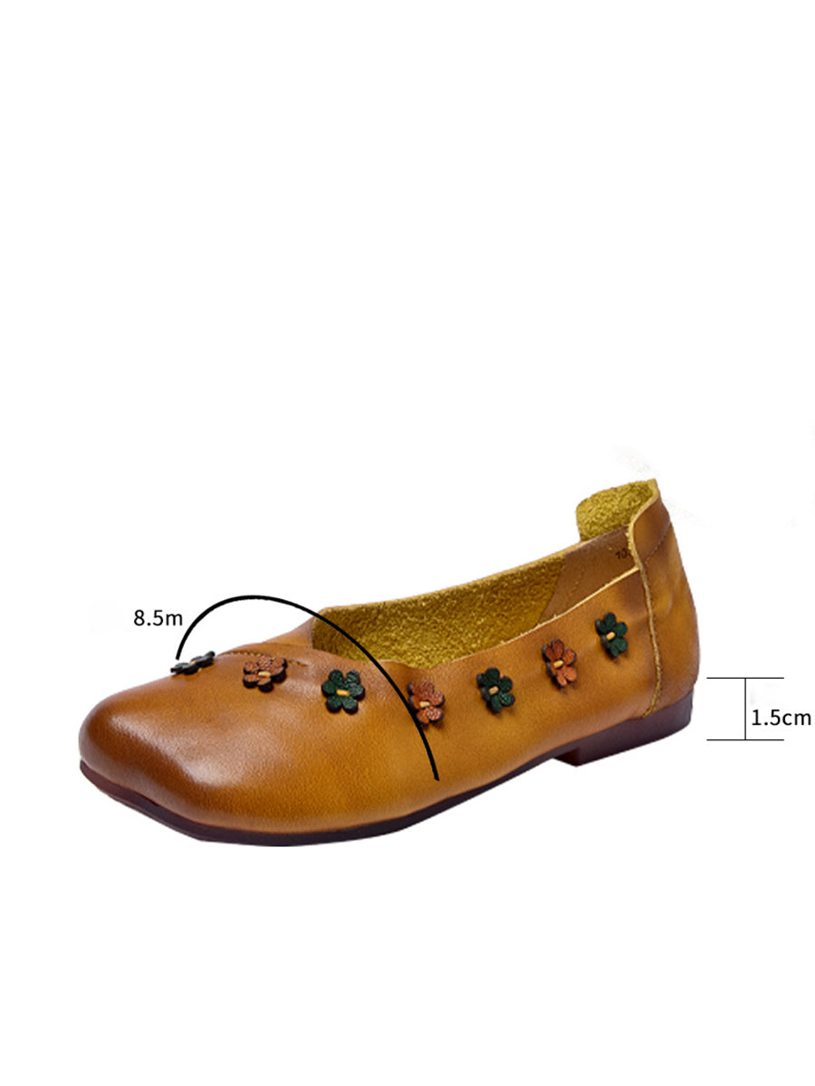 Women Vintage Summer Leather Flower Spliced Flat Shoes
