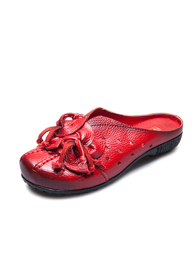 Women Vintage Leather Flower Low Heel Slippers