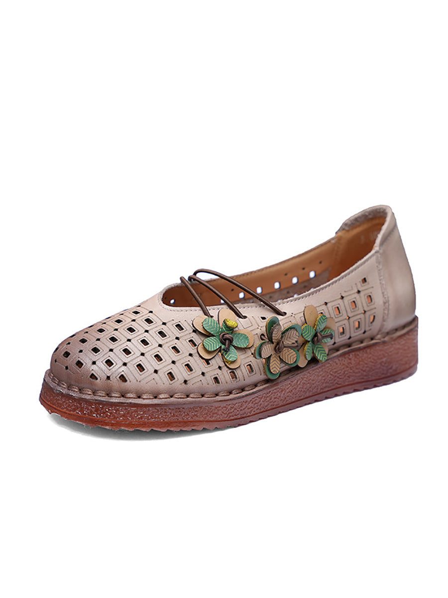Women Summer Leather Flower Spliced Low Heel Shoes