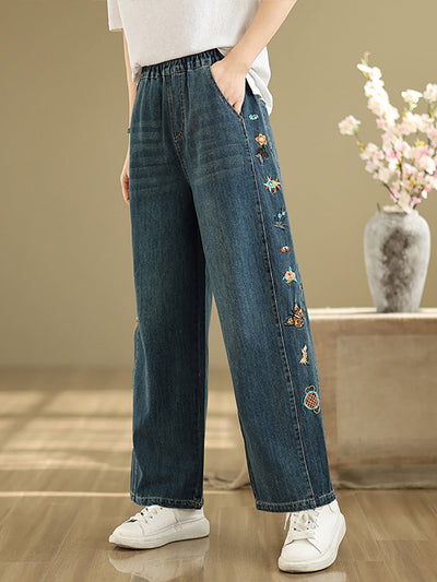 Women Retro Embroidery Denim Wide-leg Pants