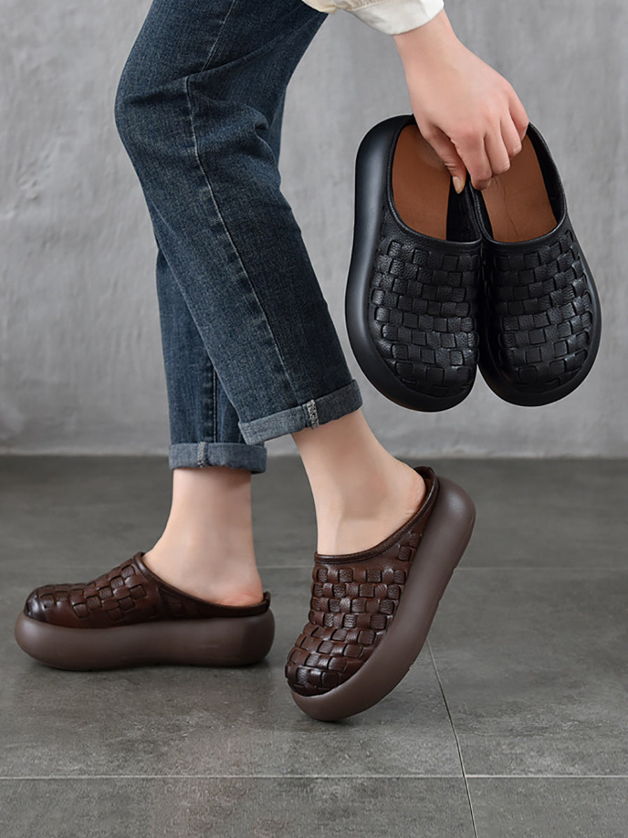 Women Genuine Leather Weave Platform Slippers