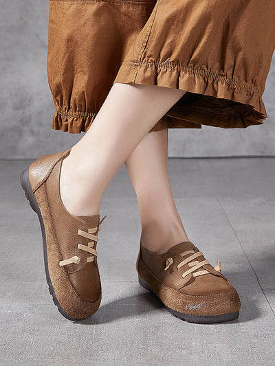 Women Vintage Leather Spliced Low Heel Shoes