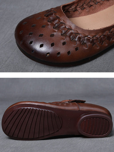 Women Vintage Leather Hollow Out Low Heel Shoes