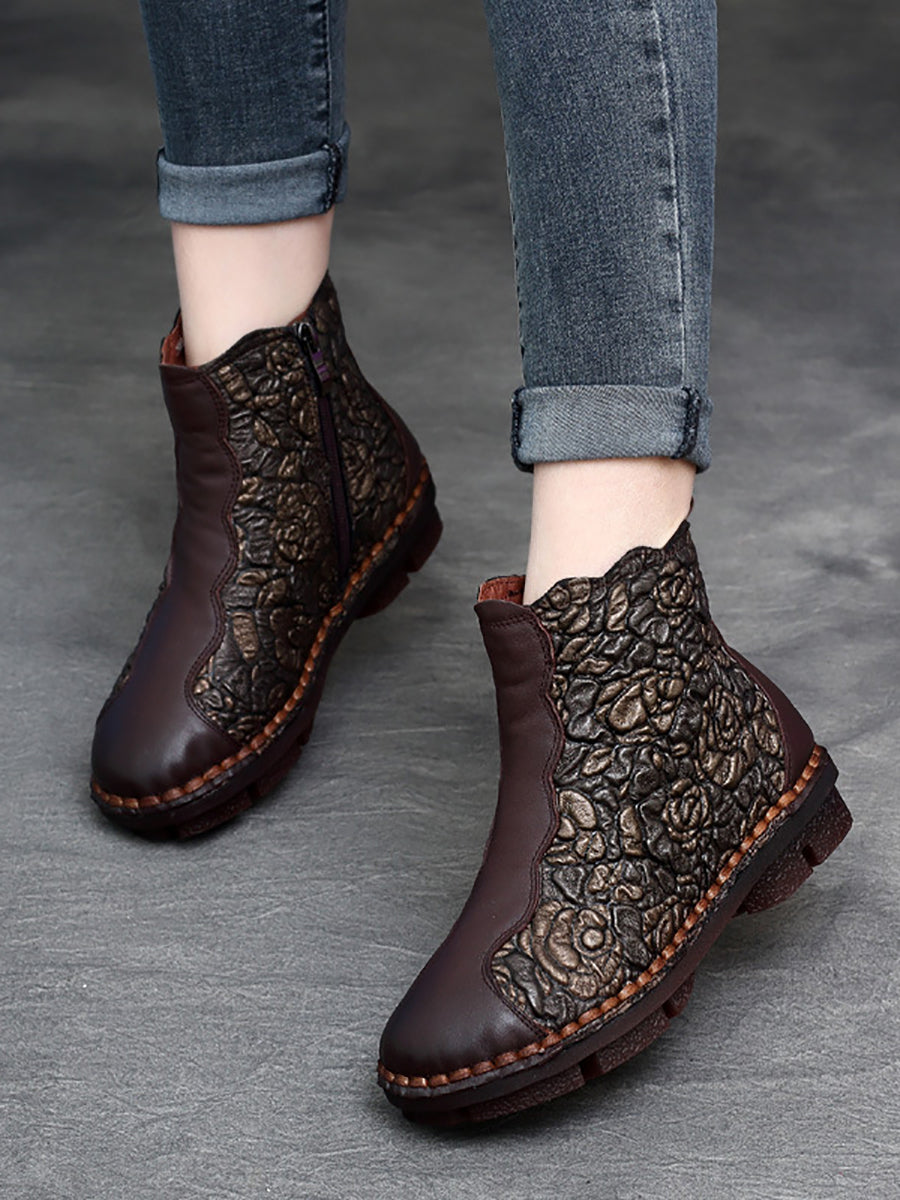 Women Retro Flower Leather Spliced Zipper Low Heel Boots