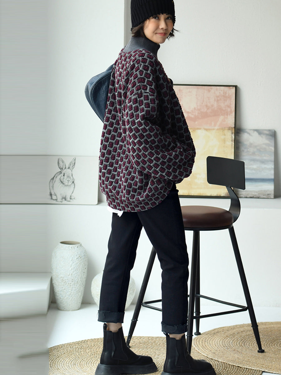 Women Artsy Plaid Fleece-lined Half-Turtleneck Blouse