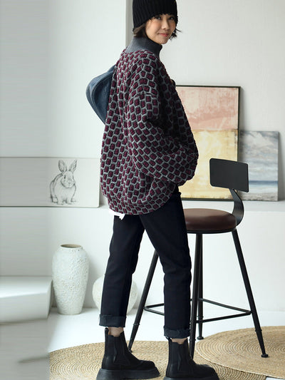 Women Artsy Plaid Fleece-lined Half-Turtleneck Blouse