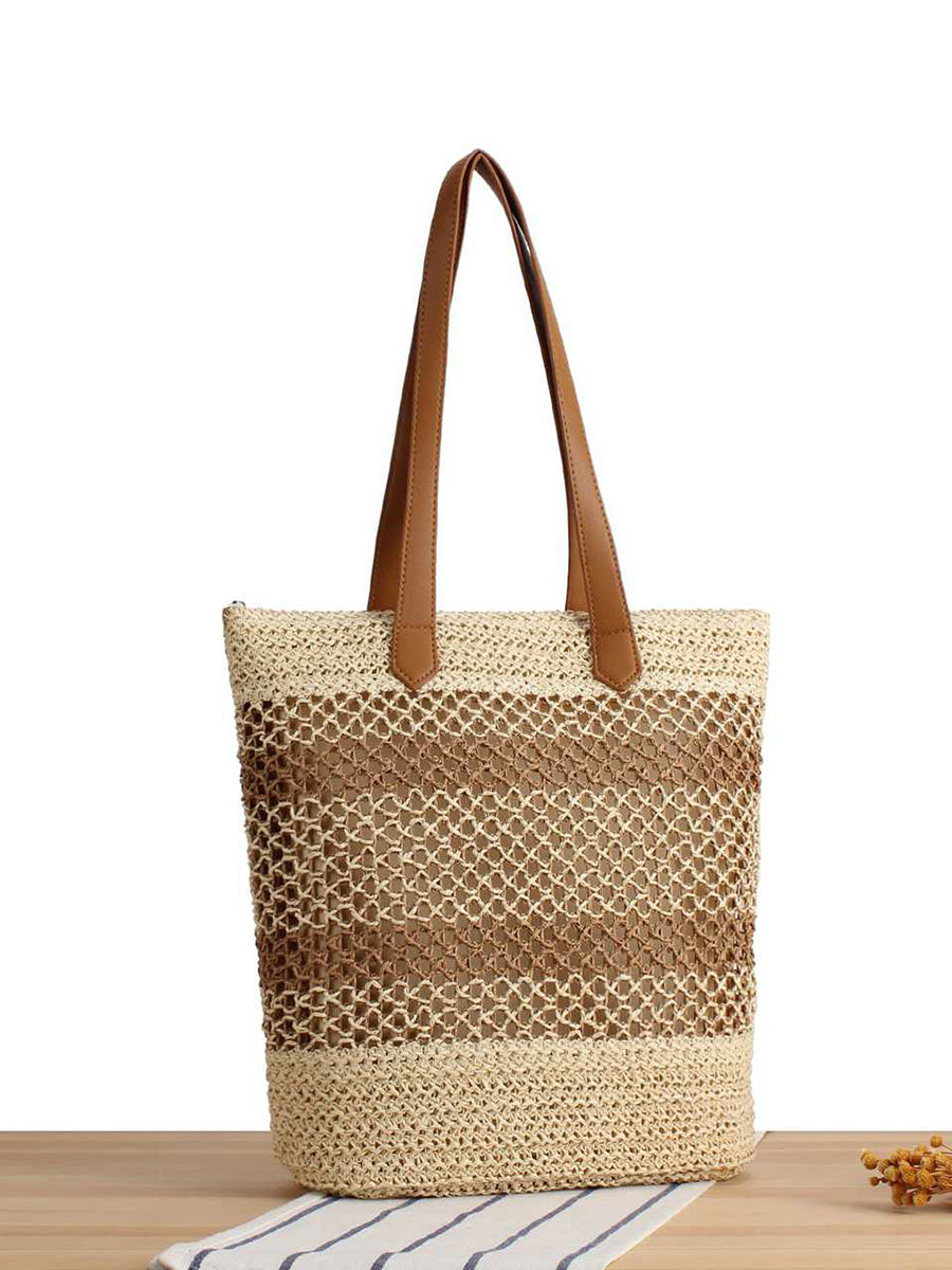 Women Casual Colorblock Straw Weave Shoulder Bag