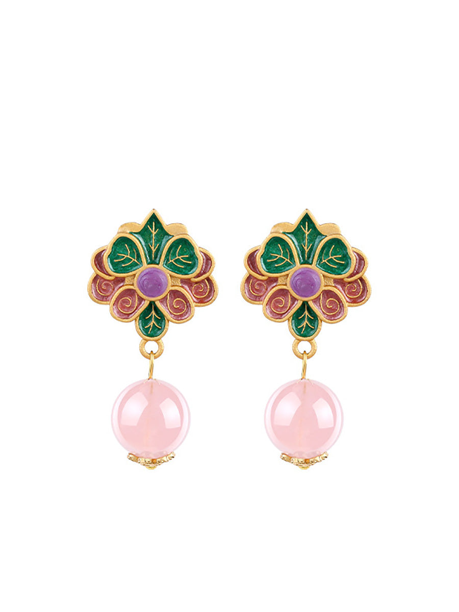 Women Ethnic Flower Jade 24K Gold Plating Earrings