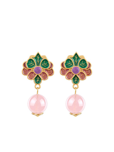 Women Ethnic Flower Jade 24K Gold Plating Earrings