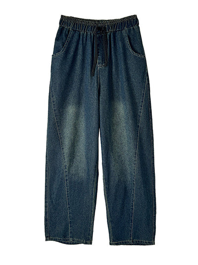 Women Casual Pure Color Denim Spliced Straight Pants