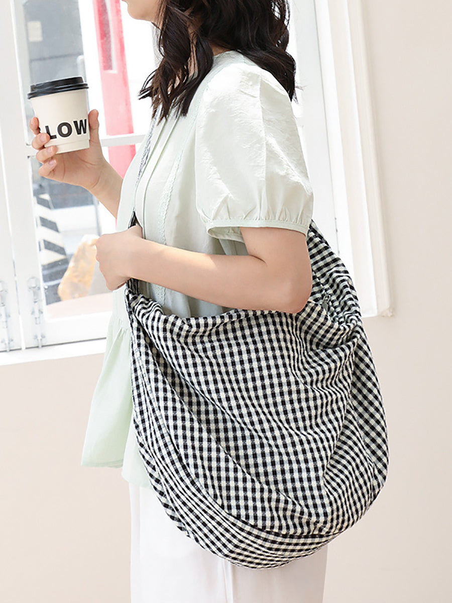 Women Casual Plaid Canvas Dumpling Shoulder Bag