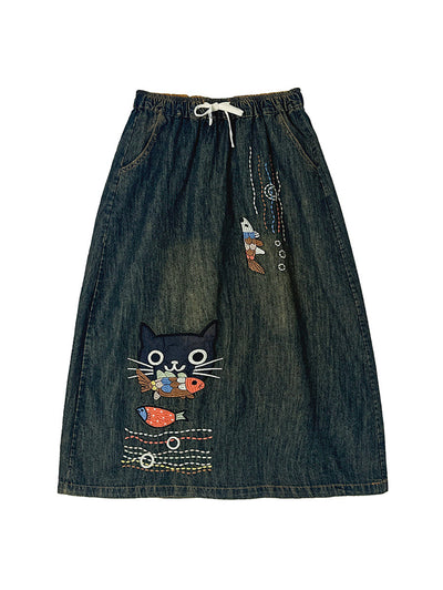 Women Spring Artsy Cat Fish Embroidery Denim Skirt