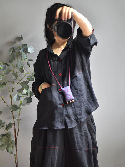 Plus Size Women Casual Solid Spring Stitching Linen Shirt