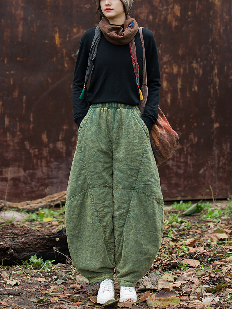 Women Vintage Autumn Solid Spliced Padded Harem Pants