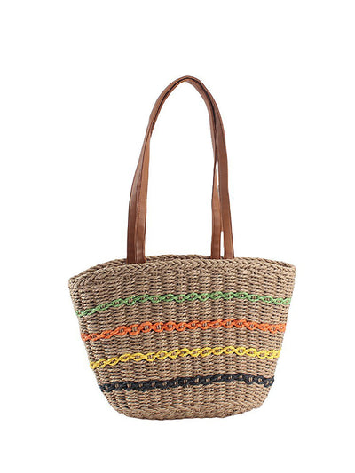 Women Fashion Colorblock Straw Weave Shoulder Bag